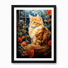 Contemporary Floral Cat On Windowsill 3 Art Print