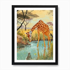 Giraffe By The Watering Hole Watercolour Illustration 3 Art Print