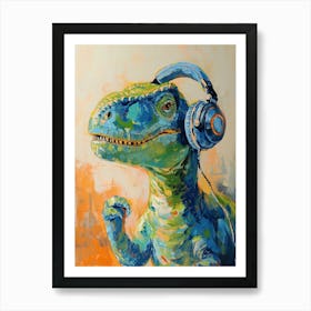 Green Orange Blue Dinosaur With Headphones On 1 Art Print