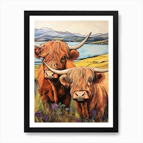 Linework Highland Cow Chestnut Illustration Art Print