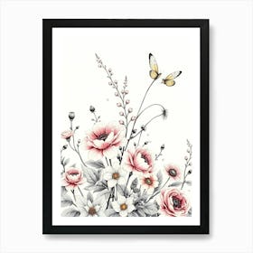 Flowers And Butterflies 1 Art Print