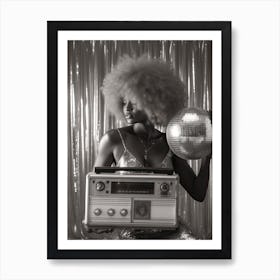 Black And White Woman With A Disco Ball And Boombox 1 Art Print