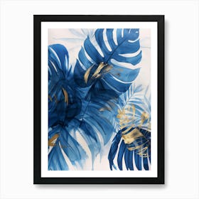 Blue And Gold Tropical Leaves Art Print