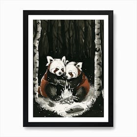 Red Pandas Sitting Together By A Campfire Ink Illustration 4 Art Print