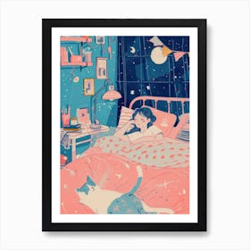 Girl Sleeping With Cats Tv Lo Fi Kawaii Illustration 4 Art Print