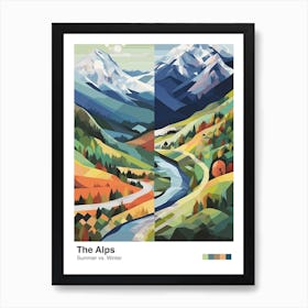 The Alps   Summer Winter Geometric Vector Illustration Poster Art Print