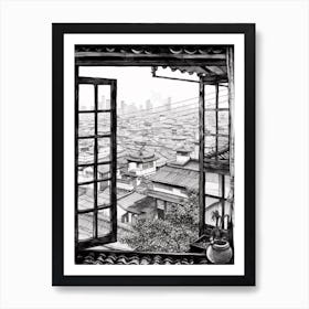 Window View Of Seoul South Korea   Black And White Colouring Pages Line Art 1 Art Print