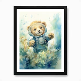 Scuba Diving Watercolour Lion Art Painting 3 Art Print