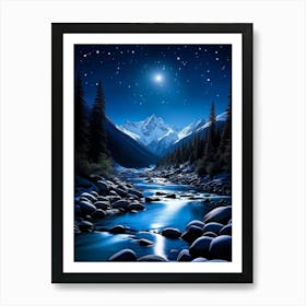 Midnight Dark Night Encompassing Snow Covered Mountain Forests Large Rocks And Pebbles Nestled In D Art Print