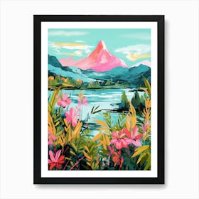 Pink Mountain Lake Travel Painting Botanical Housewarming Art Print
