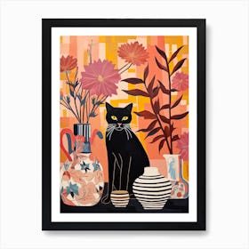 Lotus Flower Vase And A Cat, A Painting In The Style Of Matisse 0 Art Print