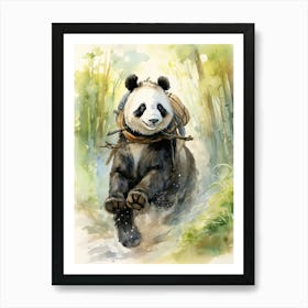 Panda Art Horseback Riding Watercolour 4 Art Print