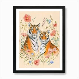 Folksy Floral Animal Drawing Tiger 6 Art Print