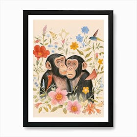 Folksy Floral Animal Drawing Chimpanzee 5 Art Print