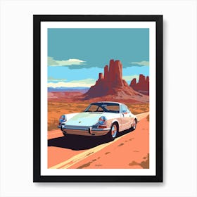 A Porsche 911 Car In Route 66 Flat Illustration 4 Affiche