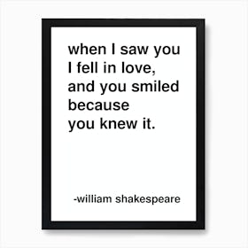 When I Saw You I Fell In Love Shakespeare Quote In White Art Print