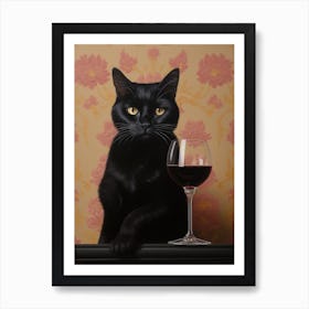 A Black Cat Holding A Glass Of Wine Art Print