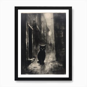 A Black Cat Wandering The Smoky Medieval Cobbled Streets Charcoal Illustration Art Print