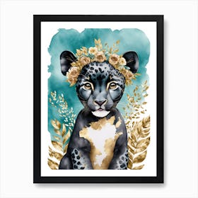 Cute Floral Baby Panther Watercolor (6) Art Print