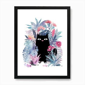 Popoki (Black Cat in Flowers) On White Art Print