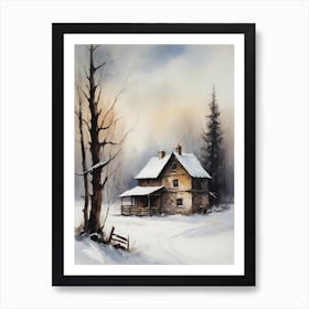 Rustic Winter Oil Painting Vintage Cottage (1) Art Print