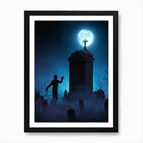 A Zombie Hand Breaking Through The Earth In A Dark Cemetery Fear Palpable In The Scarey Silhouette (5) Art Print