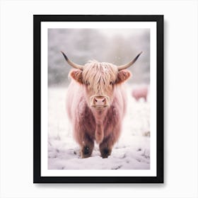 Highland Cow Snow Portrait Pink Filter 1 Art Print