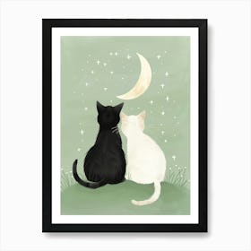 Two Cats Watching The Moon Art Print