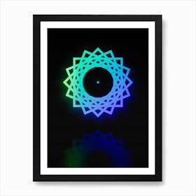 Neon Blue and Green Abstract Geometric Glyph on Black n.0441 Art Print