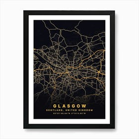 Glasgow Scotland Black And Gold Map Art Print