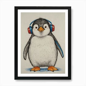 Penguin With Headphones 3 Art Print