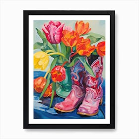 Oil Painting Of Tulips Flowers And Cowboy Boots, Oil Style 3 Art Print