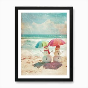 Snowmen On The Beach Retro Photo 1 Art Print