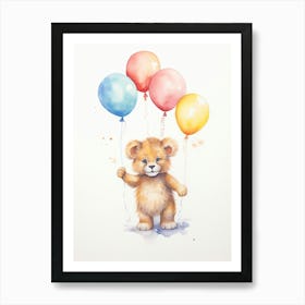 Playing With Balloons Car Watercolour Lion Art Painting 1 Art Print