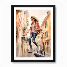 Girl Skateboarding In Lisbon, Portugal Watercolour 2 Art Print