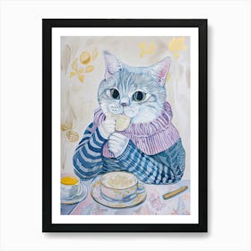 Grey And White Cat Having Breakfast Folk Illustration 4 Art Print