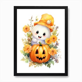 Cute Ghost With Pumpkins Halloween Watercolour 43 Art Print