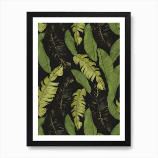 Tropical Leaves Black Art Print