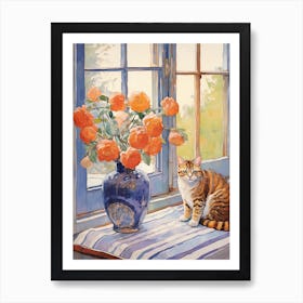Cat With Camelia Flowers Watercolor Mothers Day Valentines 3 Art Print