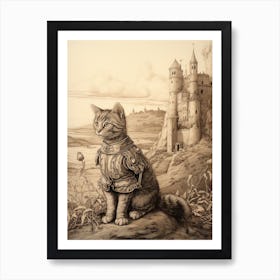 Cat In Armour Outside A Medieval Castle Sepia Art Print