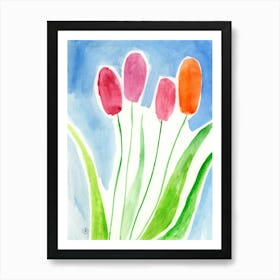 Four Tulips - watercolor painting hand painted floral flower red green blue vertical living room kitchen Art Print