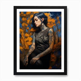 Woman With Golden Tattoos and Flowers #1 Art Print