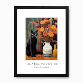 Cats & Flowers Collection Queen Annes Lace Flower Vase And A Cat, A Painting In The Style Of Matisse 3 Art Print