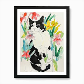Cute Black And White Cat With Flowers Illustration 2 Art Print