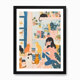 Girl Cat Lover Lo Fi Kawaii Illustration 6 Art Print