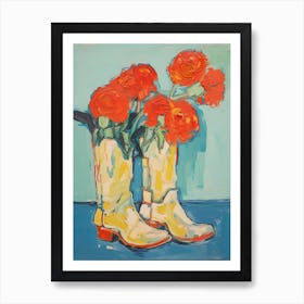 Painting Of Red Roses Flowers And Cowboy Boots, Oil Style 2 Art Print
