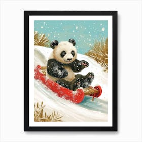 Giant Panda Cub Sledding Down A Snowy Hill Storybook Illustration 1 Art Print