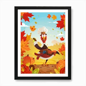 Cartoon Style Illustration Of A Cheerful Turkey Character Donning A Pilgrim Hat Amidst A Fall Harves (3) Art Print