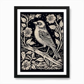 B&W Bird Linocut Finch 3 Art Print