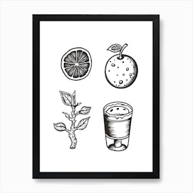 Juice Frutis Black And White Line Art Art Print
